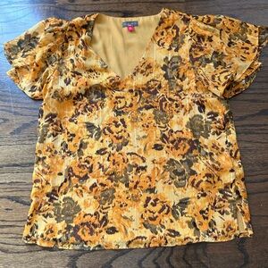 Vince Camuto Floral V-Neck Blouse - Gold and Brown